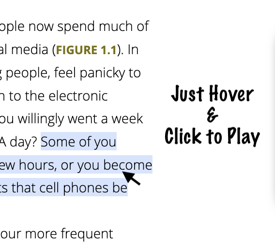 Hovering over a sentence in a textbook page highlights it, ready to play